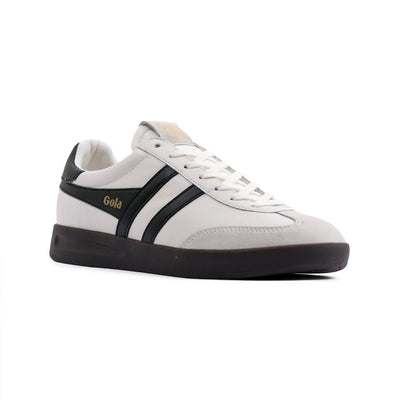 white gola women's shoe with black stripes and black sole