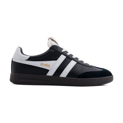 black gola men's shoe with white stripes and a gum sole