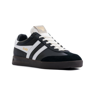 black gola men's shoe with white stripes and a gum sole