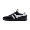 black gola men's shoe with white stripes and a gum sole