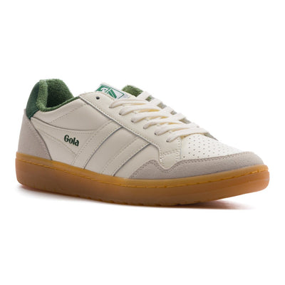 grey and white women's gola eagle 86 with green detail and gum sole