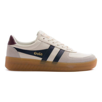 grey and white gola mens grandslam elite sneaker with black logo and gum sole