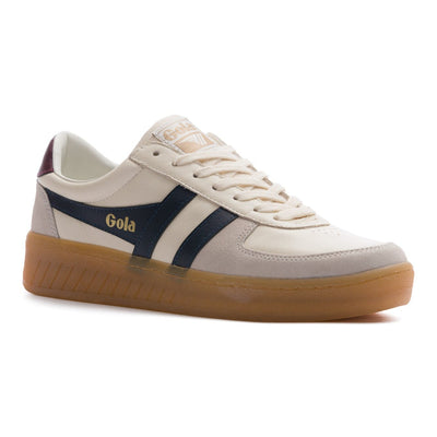 grey and white gola mens grandslam elite sneaker with black logo and gum sole