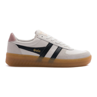 grey and white gola women's grandslam elite with pink detail, black logo and gum sole