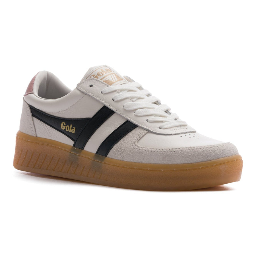 grey and white gola women's grandslam elite with pink detail, black logo and gum sole