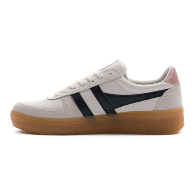 grey and white gola women's grandslam elite with pink detail, black logo and gum sole