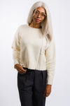 Grade and gather women's white distressed hem sweater top