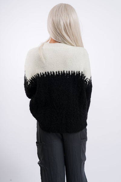 white and black grade and gather women's yarn mixed black sweater top