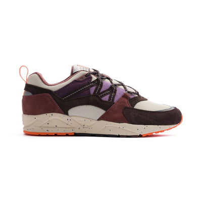 brown and purple women's karhu fusion 2.0 with purple details and speckled off-white sole