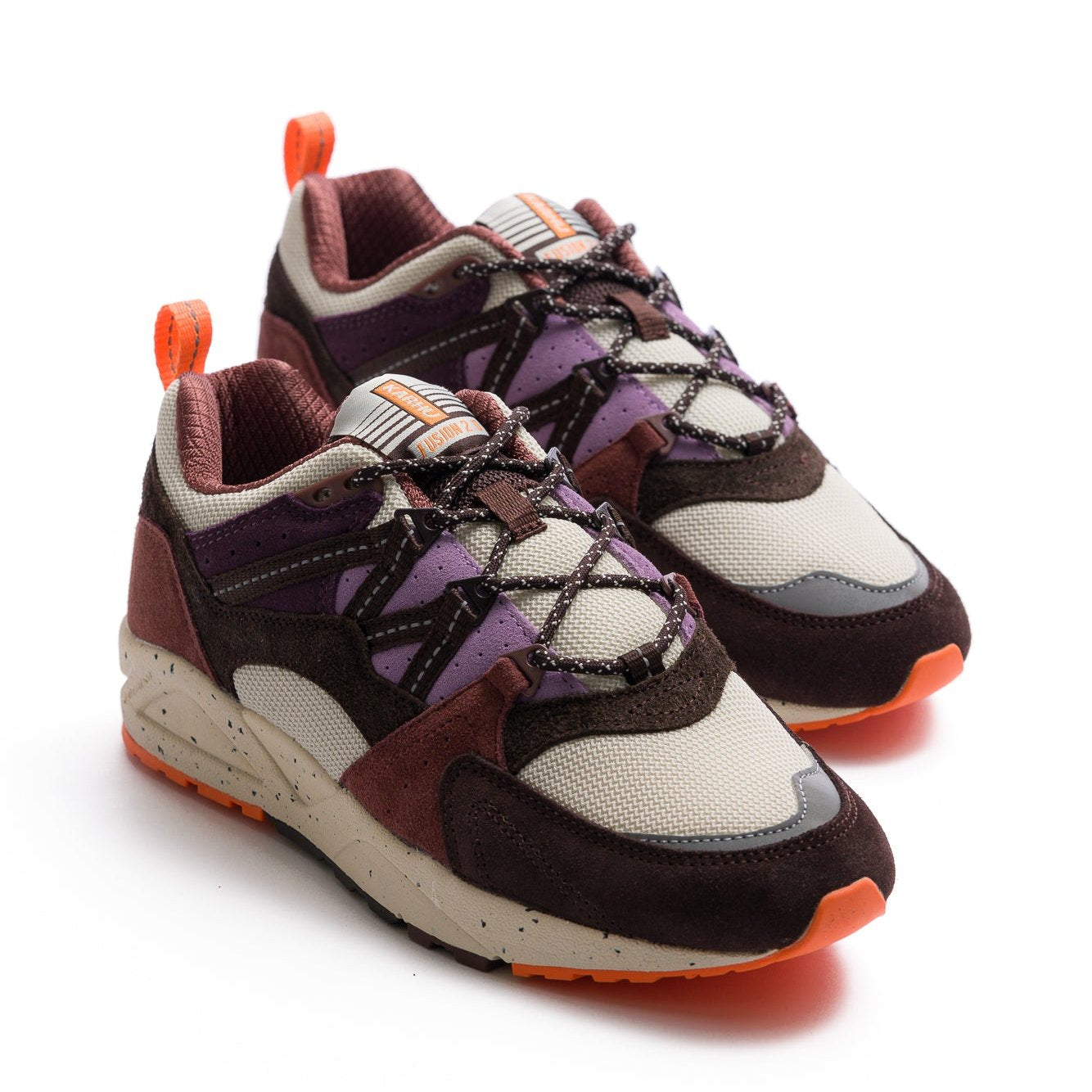 brown and purple women's karhu fusion 2.0 with purple details and speckled off-white sole