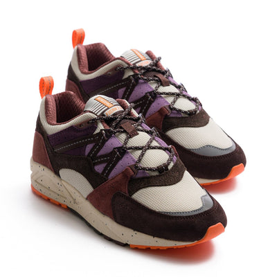 brown and purple women's karhu fusion 2.0 with purple details and speckled off-white sole