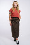 green button up midi skirt from miou muse with cargo pockets