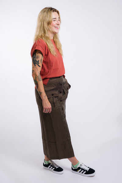 green button up midi skirt from miou muse with cargo pockets