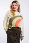 white miou muse women's sweater with green, yellow and orange rainbow on the front