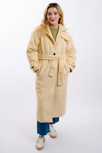 women's long tan belted duster overcoat from moon river