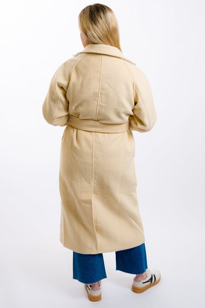 women's long tan belted duster overcoat from moon river