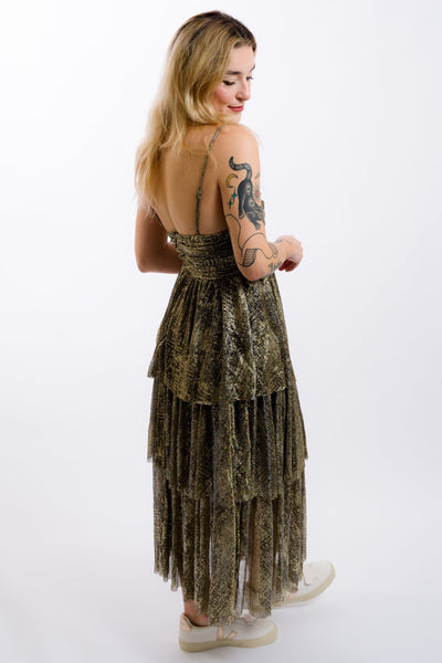 gold and black metallic cut out tiered maxi dress from moon river