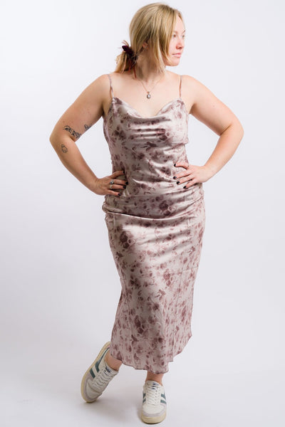 Satin Floral Nia maxi dress featuring a plunging cowl back and adjustable bow-tie closure