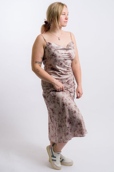 Satin Floral Nia maxi dress featuring a plunging cowl back and adjustable bow-tie closure