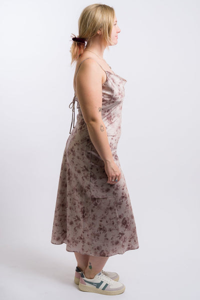 Satin Floral Nia maxi dress featuring a plunging cowl back and adjustable bow-tie closure