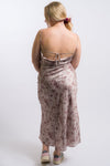 Satin Floral Nia maxi dress featuring a plunging cowl back and adjustable bow-tie closure