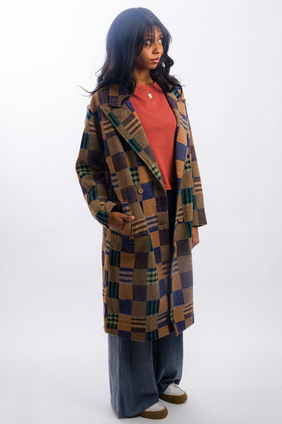 brown Native Youth women's Emrys Patchwork Longline Wool Coat