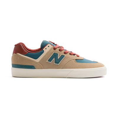 tan and green men's new balance numeric with off-white sole and reddish laces and back