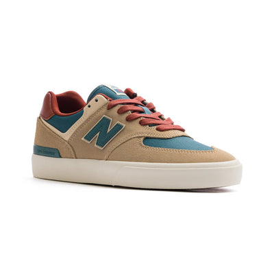 tan and green men's new balance numeric with off-white sole and reddish laces and back