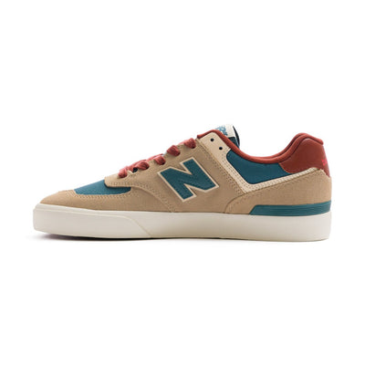 tan and green men's new balance numeric with off-white sole and reddish laces and back