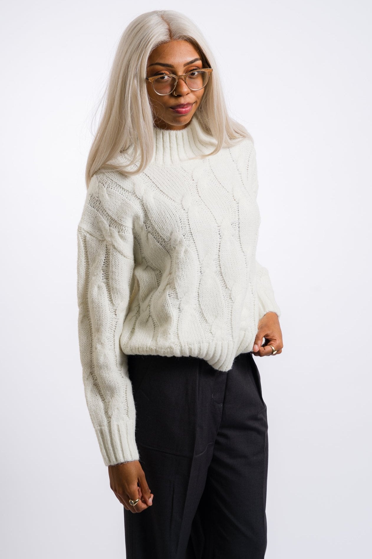 white nia women's fiji knit sweater