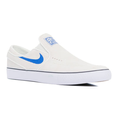 off white nike sb stefan janoski slip-on with white sole and blue details