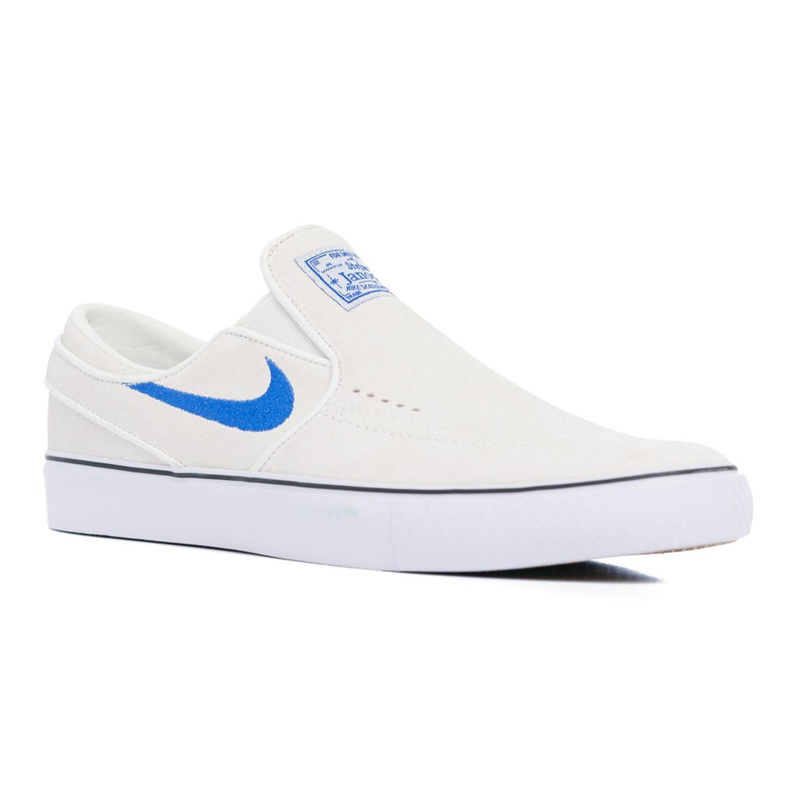 off white nike sb stefan janoski slip-on with white sole and blue details