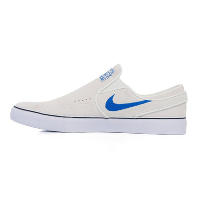 off white nike sb stefan janoski slip-on with white sole and blue details