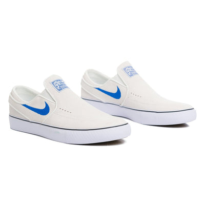 off white nike sb stefan janoski slip-on with white sole and blue details