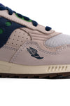 grey saucony men's shoe with green and navy blue details