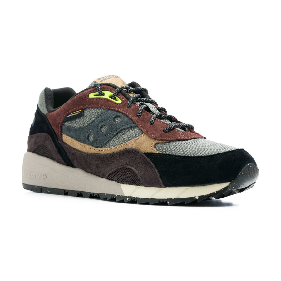 black brown and grey saucony shadow 6000 men's shoe with cordura material and white and grey sole