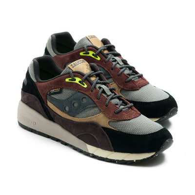 black brown and grey saucony shadow 6000 men's shoe with cordura material and white and grey sole