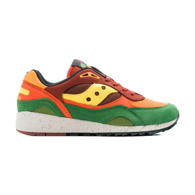 green, orange, red and yellow men's saucony fall foliage shadow 6000 with black speckled grey sole