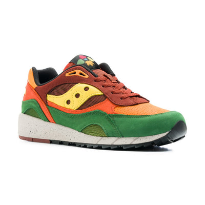 green, orange, red and yellow men's saucony fall foliage shadow 6000 with black speckled grey sole