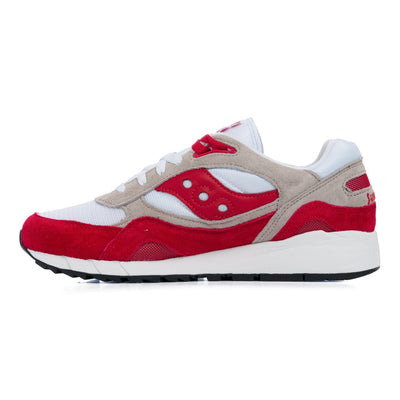 red and white saucony shadow 6000 men's comfort shoe with a white sole