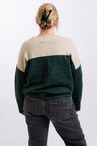 two tone tan and green women's sweater