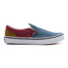 blue, red and brown color block kids slip-on vans with white sole