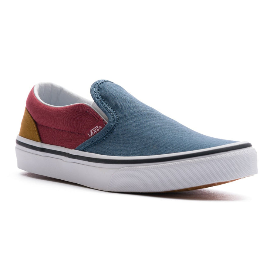 blue, red and brown color block kids slip-on vans with white sole