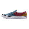 blue, red and brown color block kids slip-on vans with white sole