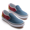 blue, red and brown color block kids slip-on vans with white sole