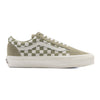 green and white checkerboard women's vans shoe with white sidestripe and white sole