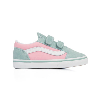 blue and pink toddler vans with velcro straps and white sole