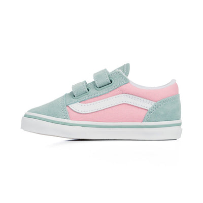 blue and pink toddler vans with velcro straps and white sole