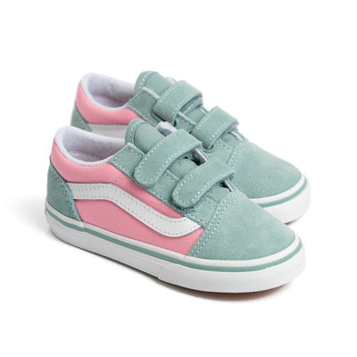 blue and pink toddler vans with velcro straps and white sole