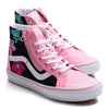 pink and black glitter vans toddler and kids sk8-hi zip-up with glitter flower detail and white sole